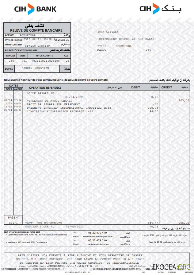 Relevé bancaire CIH Maroc